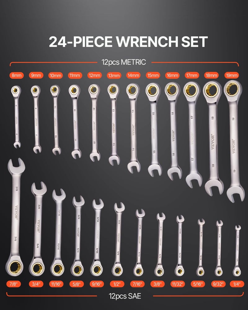 VEVOR 24-Piece Ratcheting Wrench Set  Ratchet Combination Wrench Set with Organizer  Nickel Plating  72-Tooth  CR-V  Metric 8-19mm & SAE 1/4-7/8"" - Image 2
